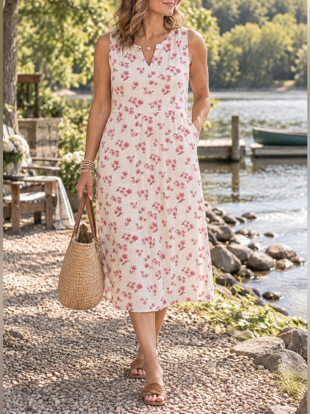 L.L. Bean Linen Blend Sleeveless Floral Print Midi Dress Sz 12P